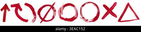 Set Hand drawn red acrylic paint symbols and geometric shapes isolated on a white background Stock Photo