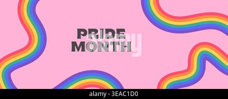 Pride Month banner with fluid rainbow wave and tactile line art. Minimalist LGBTQ horizontal header with copy space for inclusive queer community Stock Vector