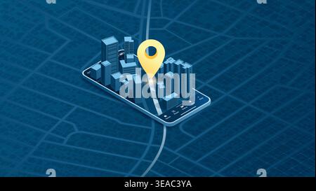 Location tracker dashboard. Mobile GPS navigation, smart car location and map pointer. Isometric city map featuring directional signs, an intended Stock Vector