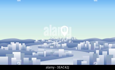 Abstract urban skyline with rolling hills and single white location pin. Vector illustration. Stock Vector
