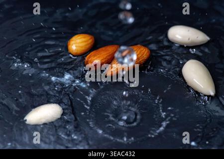 Close up photo of splash of water with almonds and peeled almonds on a abstract background Stock Photo