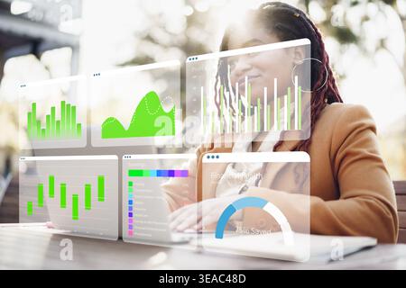 Digital business chart with AI analysis shown to user outdoors in bright setting Stock Photo