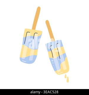 Yellow and blue striped double popsicle on wooden sticks vector Stock Vector