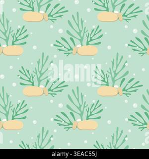 seamless underwater pattern with green sea corals, ocean seaweed and stones on mint background for kids nursery decor, bathroom wallpaper, and marine Stock Vector