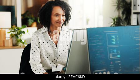 Reading, code and happy woman with computer screen in office, coder and research for project on web. Review, online and person with tech for software Stock Photo