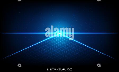 Abstract digital landscape with blue neon perspective grid, stars and bright light on dark background Stock Vector
