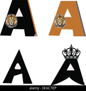 Luxury Letter A Logo Set with Lion Head and Crown Symbol, Elegant Alphabet Typography Design Collection on White Background Stock Vector