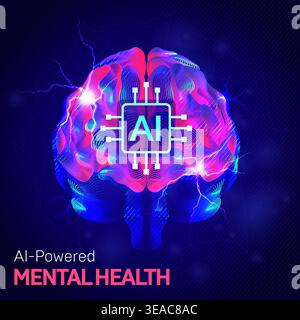 AI Brain Activity Neuroscience Futuristic Technology Concept. Glowing abstract brain with AI chip core and electric signals, illustrating artificial i Stock Vector