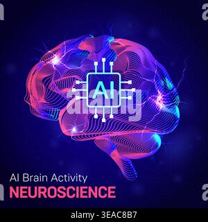 AI Brain Activity Neuroscience Futuristic Technology Concept. Glowing abstract brain with AI chip core and electric signals, illustrating artificial i Stock Vector