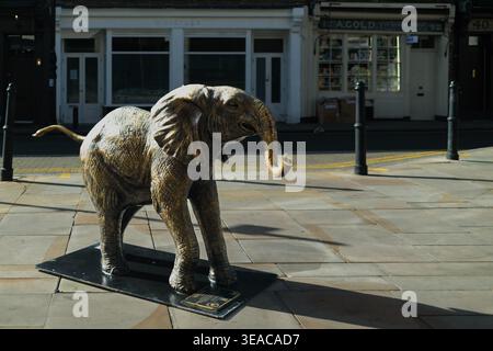 Bronze Herd of Hope baby elephant sculpture Mashia  from The Orphans installation by Gillie and Marc on a sunlit plaza in Spitalfields, East London, E Stock Photo