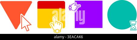 Four graphic interface icons red triangle with arrow cursor red, yellow, square with pointing finger purple pixel hand pointing inward turquoise circl Stock Vector