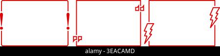 Three red outlined rectangular frames with symbolic element exclamation mark in corner double quotes in bottom corner and lightning bolt in corner. Fo Stock Vector