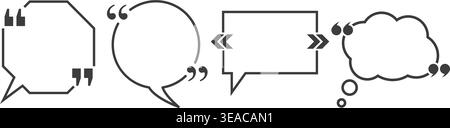 Minimalist vector set of four distinct speech and thought bubble icons each featuring quotation marks. Ideal for web design social media or chat apps. Stock Vector
