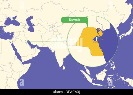 Highlighted infographic map illustration of Kuwait perfect for educational use travel guides geography presentations and national culture projects Stock Vector