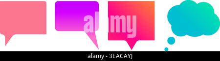 Vibrant vector set of four speech and thought graphics pink rectangular speech bubble purple gradient rounded bubble red orange gradient bubble, teal Stock Vector