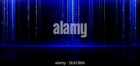 Abstract digital tech background with glowing blue vertical lines and scattered light particles on dark surface. Data pattern with futuristic ai interface atmosphere for modern technology design. Stock Vector
