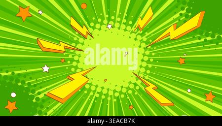 Green comic sunburst background with yellow lightning bolts and stars - retro pop art radial rays texture. Cartoon explosion pattern in vibrant colors, halftone dots on dynamic burst composition. Stock Vector
