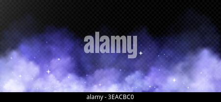 Blue smoke cloud overlay with bright sparks on transparent background. Vector realistic illustration of magic glitter particles shimmering in color fog, night star dust, fantasy dream haze effect Stock Vector