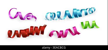 Curly color ribbons set isolated on white. Vector realistic illustration of pink, purple, red, blue, green satin tape serpentine, spiral silk strip, party decoration, greeting card design element Stock Vector