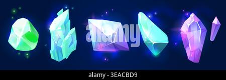 Abstract game crystals set for user interface design. Vector cartoon illustration of neon color gem stones, sparkling diamond, shimmering ice rock, fantasy magic jewels, treasure gaming assets Stock Vector