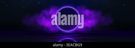 Neon light portal, color smoke on black background. Vector realistic illustration of futuristic round arch space portal, mysterious purple fog clouds under glowing stars, magic hologram gate for game Stock Vector