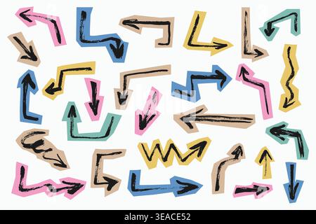 Grunge Scrapbook Arrows Icons Set. Doodle collage brush stroke arrowhead set. Chalk textured colorful direction stickers set. Paper cut vector Stock Vector