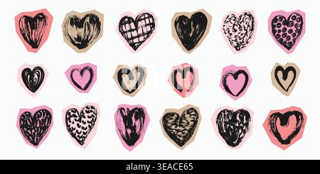 Grunge Scrapbook Hearts Icons Set. Doodle collage brush stroke heart set. Chalk textured love stickers set. Paper cut vector romantic icons collection Stock Vector