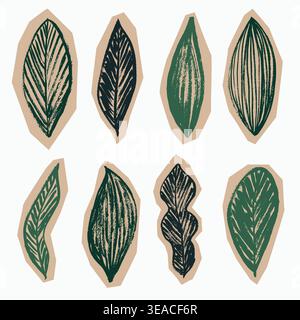 Brush Stroke Scrapbook Collage Leaves Sticker Set. Grunge leaves drawn on paper cut collage. Vector leaf creative nature craft labels. Stock Vector