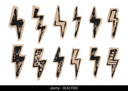 Grunge Scrapbook Thunder Icons Set. Doodle collage brush stroke lightning bolt set. Chalk textured flash thunder power stickers set. Paper cut vector Stock Vector
