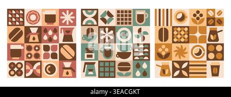 Abstract geometric coffee design poster with beans, hot drink, sweets, beverage cup, leaves, bauhaus modern elements. Vector minimalist seamless pattern background template for cafe menu, food package Stock Vector