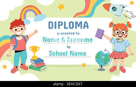 Colorful diploma template for kids in kindergarten, preschool, elementary school or primary classes with hand drawn doodle line art elements. Children certificate with cartoon funny boy and happy girl Stock Vector