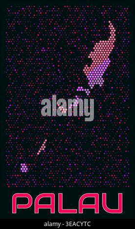 Palau digital style hexagon map. Vibrant magenta purple pink neon dotted shape. Country tiny bright hexagon cells. Palau honeycomb map design. Stock Vector