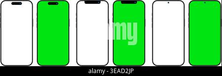 Realistic green screen mobile phone devices with different front camera layouts. Mobile phone blank display mockup template set vector illustration Stock Vector