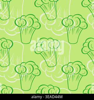 Green broccoli pattern with layered vegetable silhouettes and outlines for organic food packaging, healthy lifestyle branding, and vegan kitchen decor Stock Vector