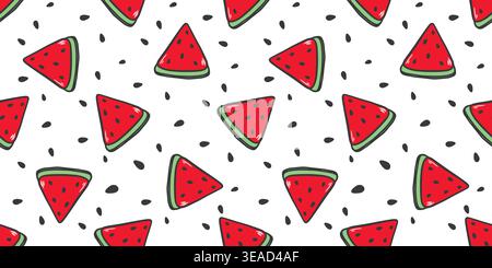 Seamless pattern with slices of juicy, ripe, delicious, sweet watermelon. White background with triangles of red fruit. Summer fruity colorful print Stock Vector