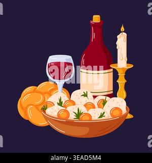Rosh Hashanah traditional food illustration with challah, candle, wine, and festive dish. Jewish New Year holiday concept for greeting card in cartoon Stock Vector