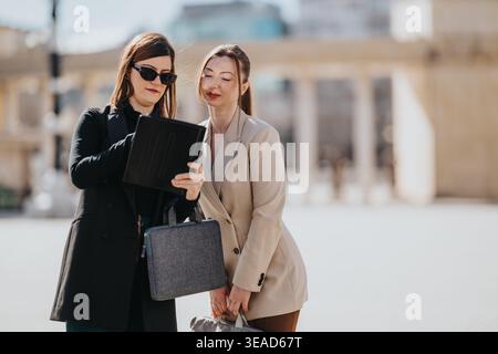 Two businesswomen reviewing a tablet together outdoors in an urban square Stock Photo