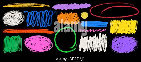 Crayon highlight strokes and scribble shapes in bright yellow, blue, green, pink, orange and white on black background with rough pencil texture Stock Vector