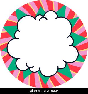 Circle sticker comic starburst with jagged text box shape and radial rays in blue, red and beige tones. Comic sticker with bold outline and dynamic Stock Vector