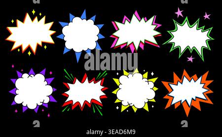 Comic starburst sticker shape set with cartoon boom bursts, speech bubble clouds and explosions on black background. Bright burst frames in yellow Stock Vector