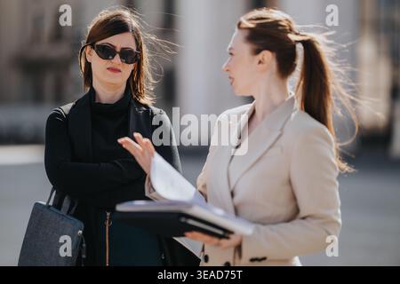 Businesswomen having a tense discussion outdoors over documents, colleague looking frustrated Stock Photo