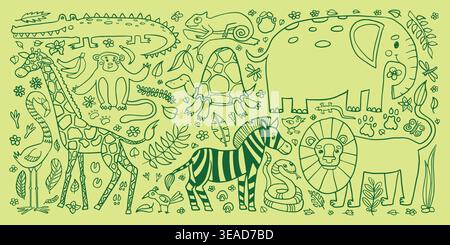 Animal cartoon vector with doodle jungle safari and tropic leaves palm. Design summer nature with cute animal plant and leopard zoo illustration Stock Vector