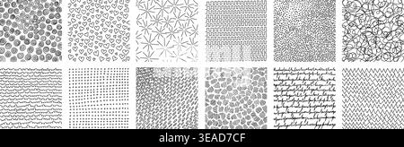 Crosshatch textures featuring hand-drawn line work and doodle pattern vector illustration set. Stock Vector