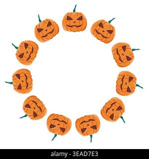 Halloween pumpkin face arranged in circular frame composition. Flat illustration isolated on white background for festive cards, posters and seasonal Stock Vector