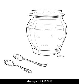 A glass jar with honey or jam and two spoons. Vector illustration. The sketch is hand-drawn, the set is isolated on a white background Stock Vector