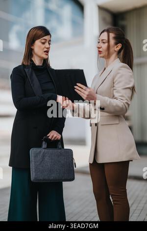 Two businesswomen discussing documents outside an office building during a professional meeting Stock Photo