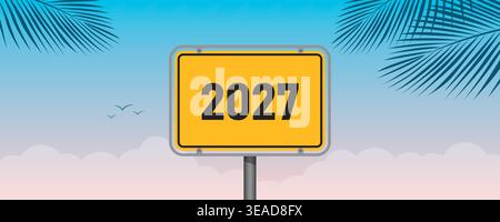 summer holiday sign 2027 on blue sky background with palm leaves vector illustration Stock Vector