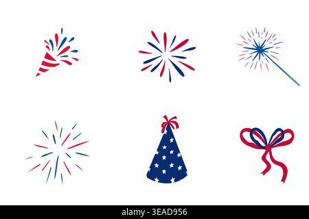 4 of July Elements icon set American flag colors. Celebration holiday icons for decoration. Bow, fireworks, flag Clipart. American Independence Day . Vector illustration Stock Vector