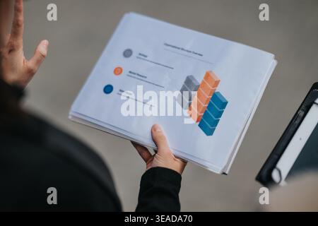 Business professional holding printed report with colorful bar charts during presentation Stock Photo