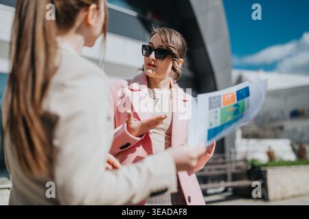 Two businesswomen discussing a project outdoors with documents near a modern office building Stock Photo